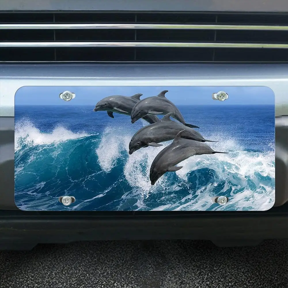 Ocean Dolphins Car Front License Plates Marine Animal Sea Water Waves Fish Nature Wildlife Aluminum Metal Car Tag Vanity