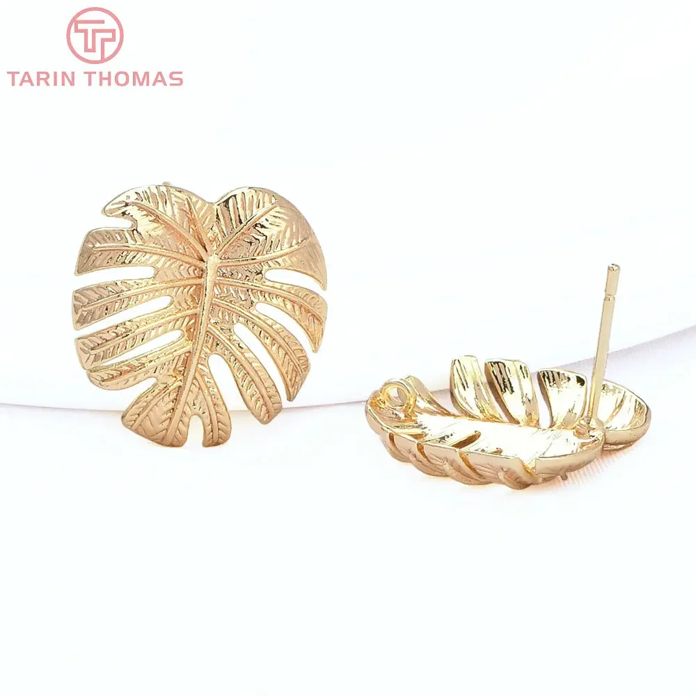 (2024)6PCS 10x14.5MM 24K Gold Color Brass Leaf Leaves Stud Earrings Earring Clip High Quality DIY Jewelry Making Findings