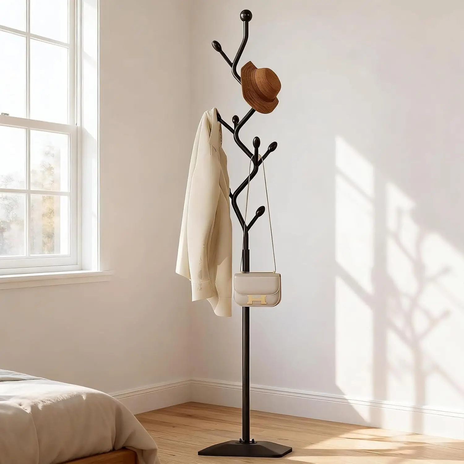 Tree-shaped coat rack stand， with 8 Hooks and sturdy cast iron base,for Clothes Hats Scarfs Purses (black)