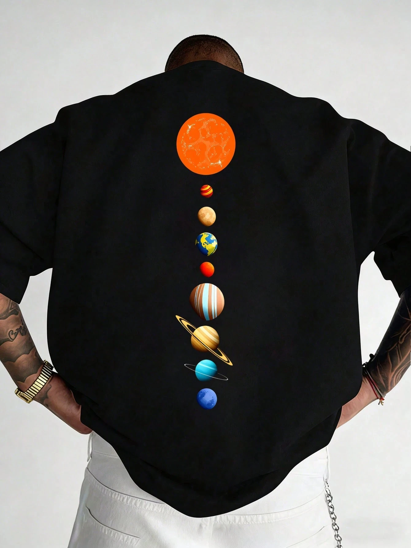 Men Solar System Planets Double Sided Graphic Tee Astronaut Chest Print Space Lover Casual Short Sleeve Streetwear T‑Shirt