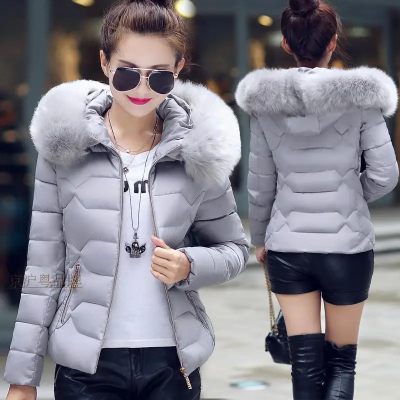 

Women Short Parkas Coat Hooded Jacket Oversize Solid Big Fur Collar Long Sleeve Zipper Slim Thick Office Lady Casual 2025 Winter