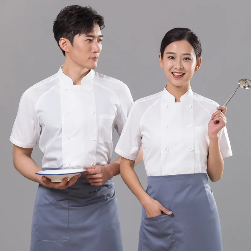 Salopette de Chef à Manches Courtes pour Homme, Vêtement d'Été en Polyester et Coton, Haut de Gamme, pour Restaurant, Hôtel, Cuisine, Pâtisserie