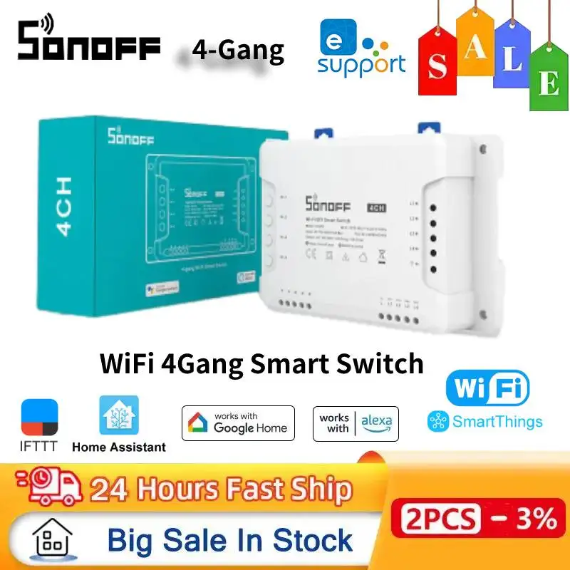 

Sonoff WIFI 4-канальный интеллектуальный переключатель 4CHR3 4CHPROR3 Радиочастотное управление опционально работает с ewelink Alexa Google Assistant SmartThings mqtt