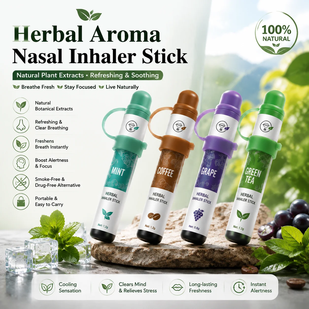 Portable Herbal Inhaling Stick 4 Flavors Menthol Eucalyptus Borneol Fresh Breath Cooling Aroma for Work Study Travel Daily