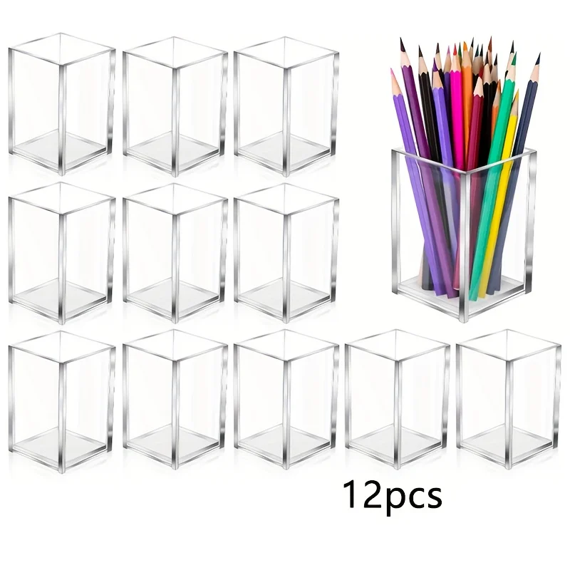 12pcs Clear Acrylic Makeup Brush Storage Holders Organizer Office School Transparent Pen Pencil Cups&Dressing Table Brush Holder