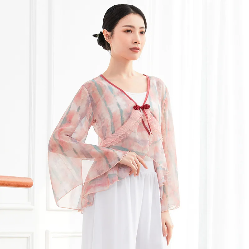 New Classical Dance Clothes Women Gauze Stage Practice Shirt Chinese Folk Dance Cardigan V Neck Flared Sleeve Antique Top