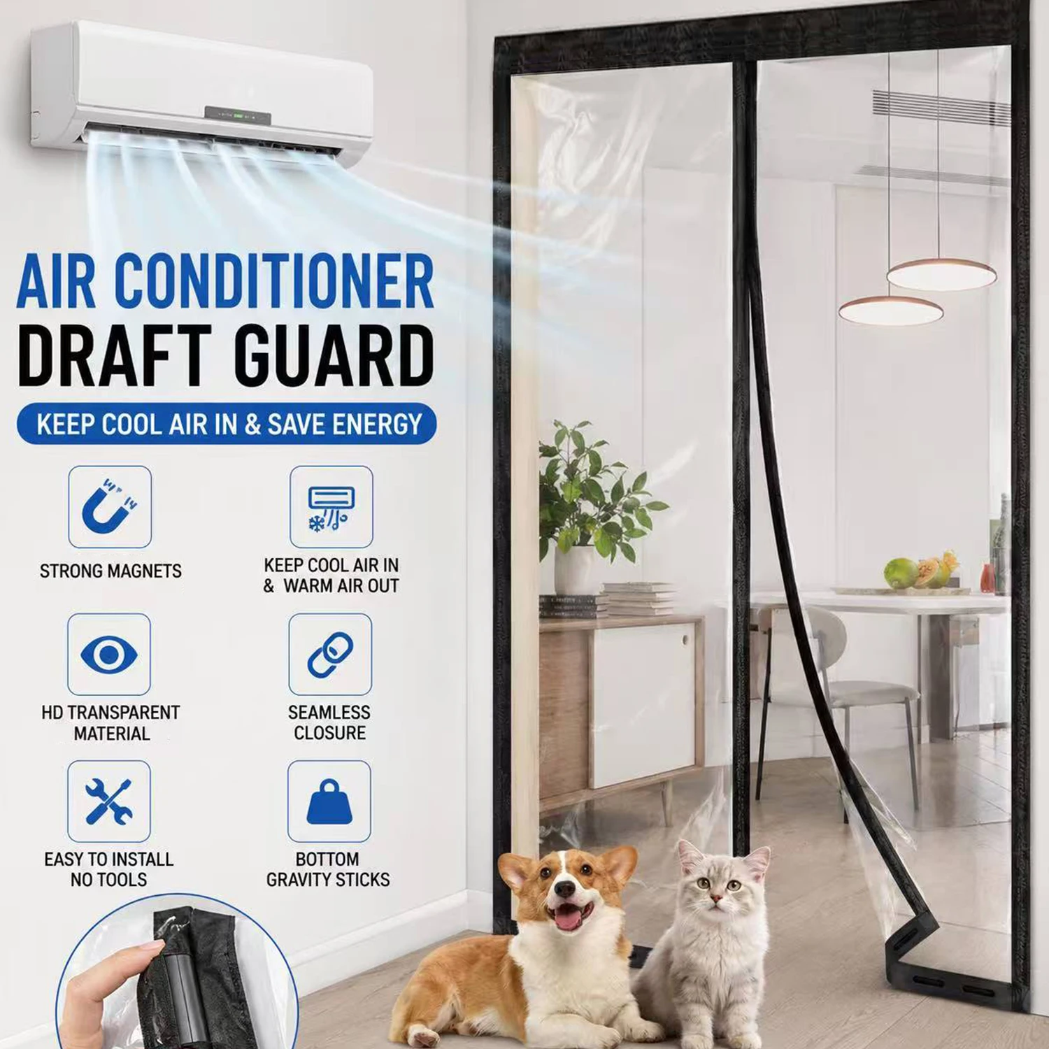 Magnetic Transparent Air Conditioning Door Curtain, Windproof and Warm All Year Round, Kitchen Smoke Proof Partition Curtain