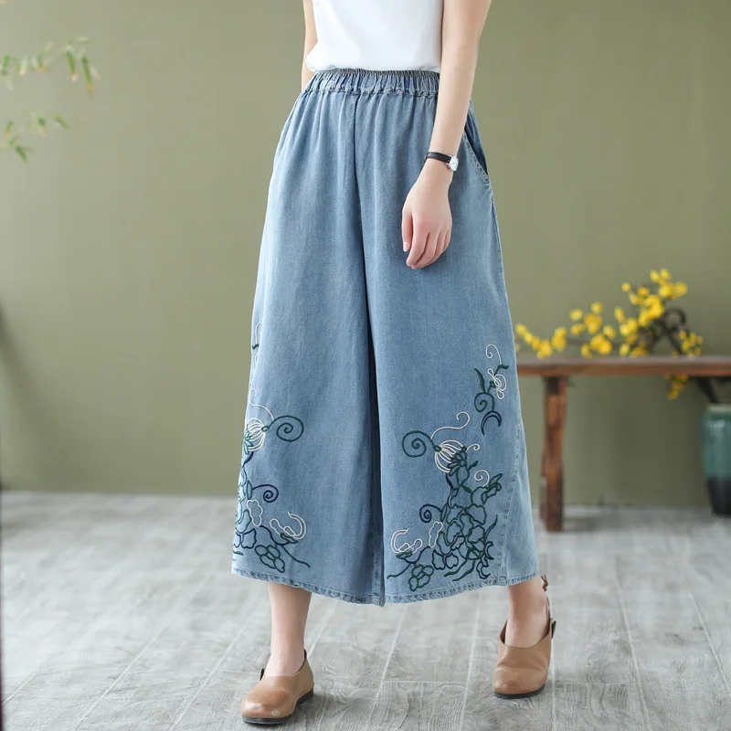 Neue 2025, Sommer-Baumwoll-Denim-Hose, Damen-Jeans mit elastischer Taille, Stickerei, Mori Girl Retro Pendeln, lässige Jeans mit weitem Bein, B56689CC
