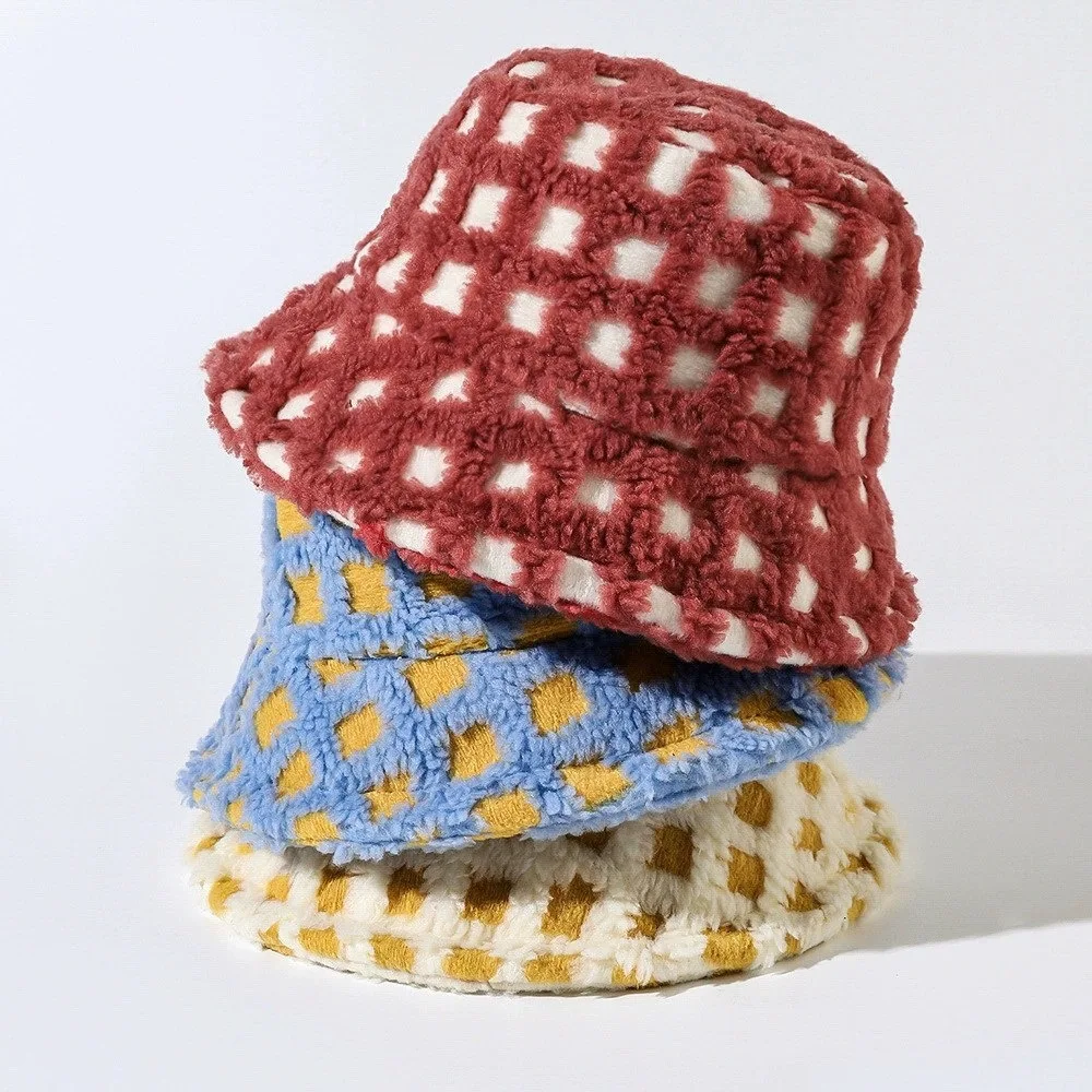 Autumn and Winter Thickened Color Small Fresh Plaid Contrasting Color Showing Face Small Bucket Hat Fashionable Versatile Hat