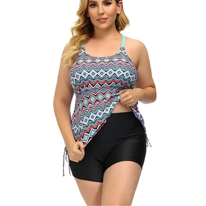 Tankini de talla grande para mujer, bañadores estampados de dos piezas, traje de baño de cintura alta con Control de barriga, traje de baño