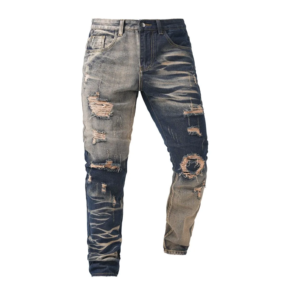 2026 New Vintage Distressed Ripped Jeans Men Casual Earth Blue Colorblock Straight Leg Pants Trendy Slim Fit Trousers Wasteland