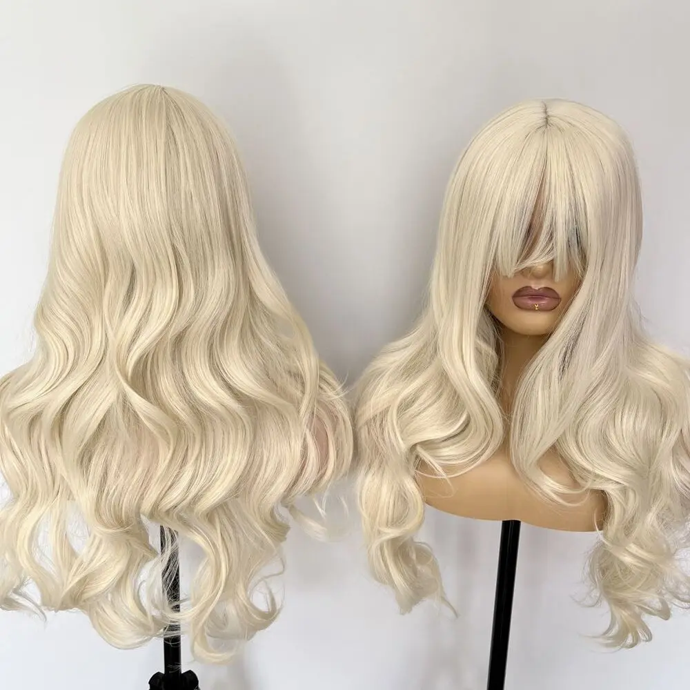 

Soft Heat Resistant Hair Dress Up Wig With Bangs Platinum blonde Long Wavy