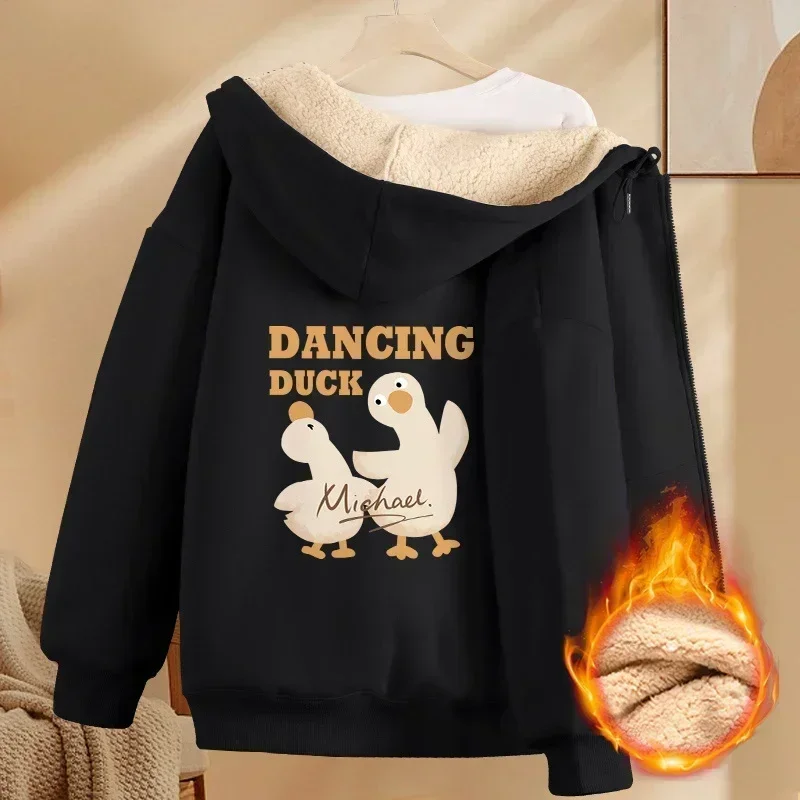 

Thicken Printed Women Fleece Hoodies Zipper Warm Pocket Sweatshirts Casual Loose Warm Fleece Cardigan Coat Fall Winter Overcoat