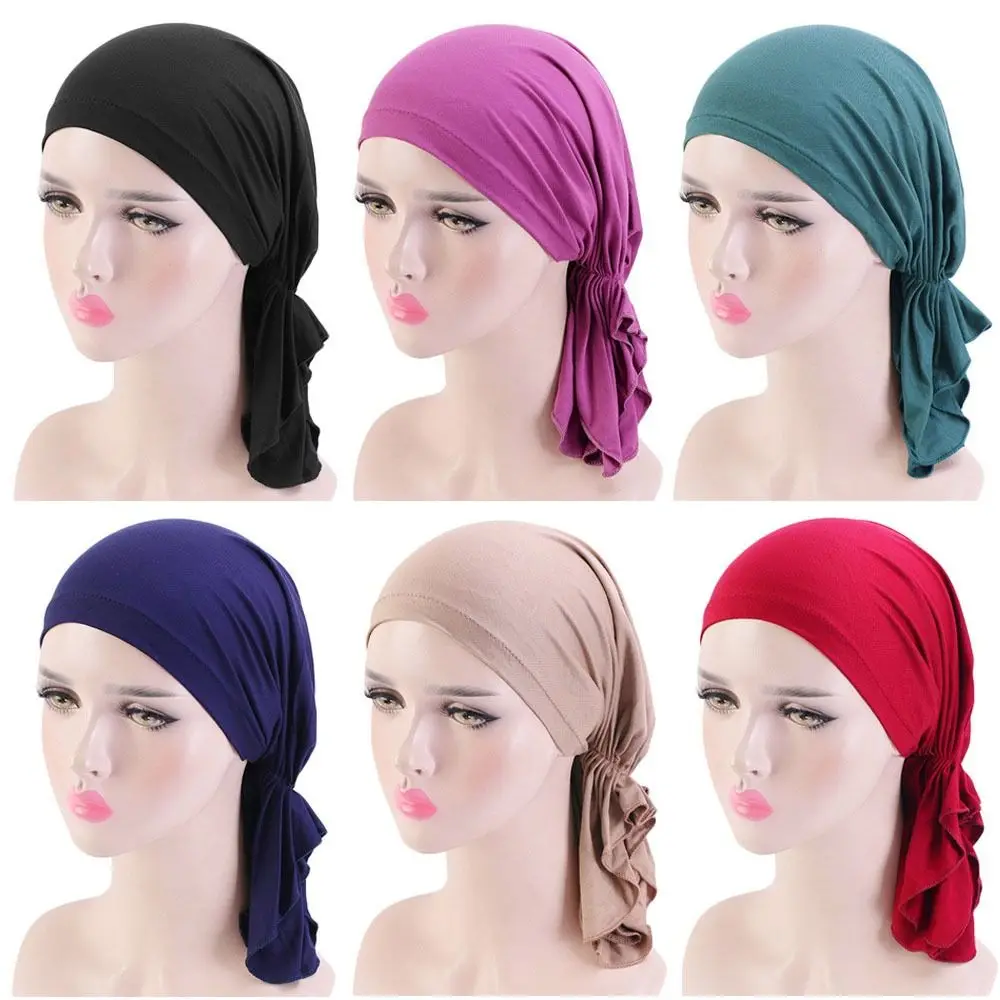 Damskie nakrycie głowy z falbanką, turban damski, jednolity kolor, oddychający, muzułmańska chusta na głowę, miękki materiał, czapka na chemioterapię, na wypadanie włosów
