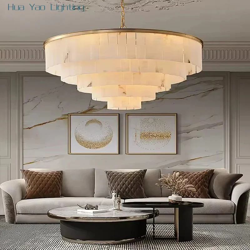 Natural Marble Chandelier Luxury Gold Ceiling Lights Staircase Loft Pendant Lamps for Dining Room Kitchen Foyer Entryway Hallway