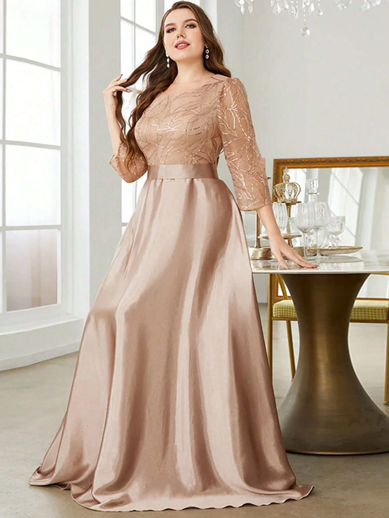 Mgiacy Crew neck long sleeve sequin patchwork satin long gown ball dress Party dress Bridesmaid dress