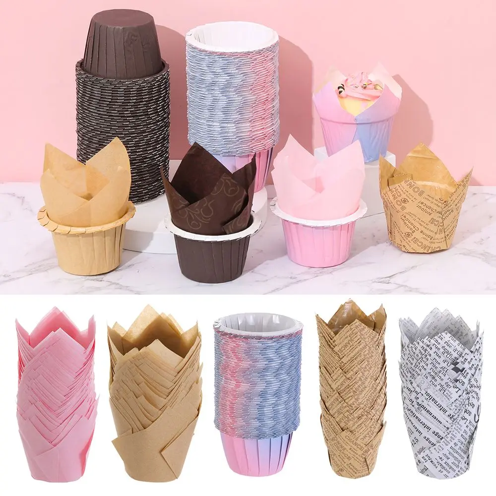 50pcs Greaseproof Cupcake Paper Tray Liners Cupcake Paper Tulip Baking Cups Cake Muffin Cups Bakeware Pastry Tools