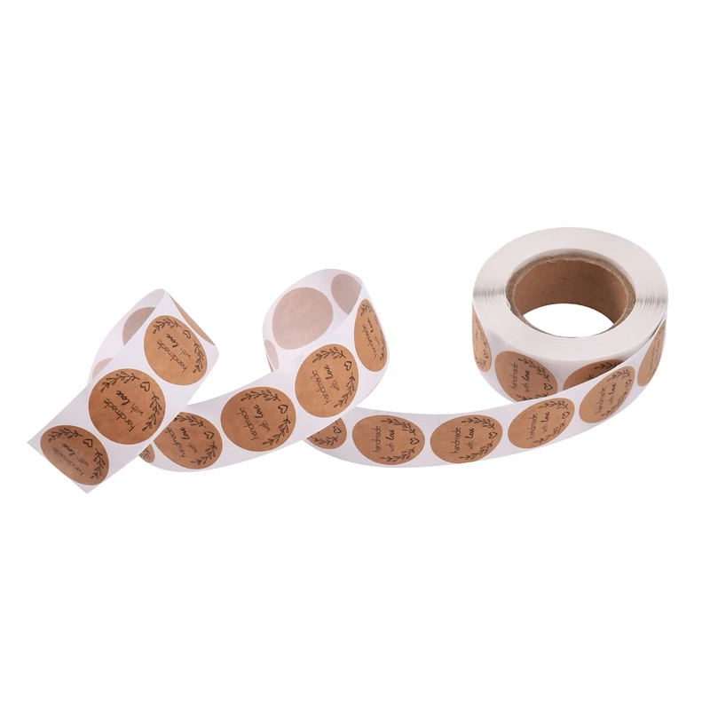 A35Q-1 Inch Round Natural Kraft Olive Branch Handmade With Love Stickers / 500 Labels Per Roll