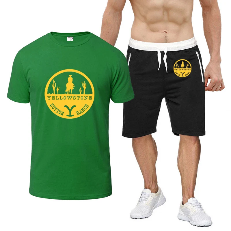 

2024 Summer Men Fashion New Yellowstone Dutton Ranch Eight-Color Short-Sleeved Set Comfortable Casual T-shirt + Shorts Suit