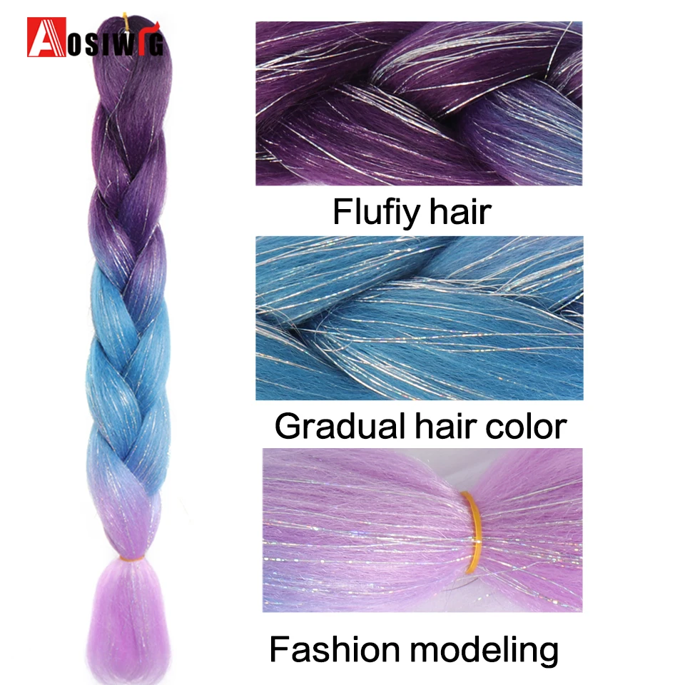 Extensões sintéticas do cabelo da trança, Mix Omber brilhante, Glitter Hair Tinsel Kit, extensões de cabelo DIY, acessórios para W, 24"