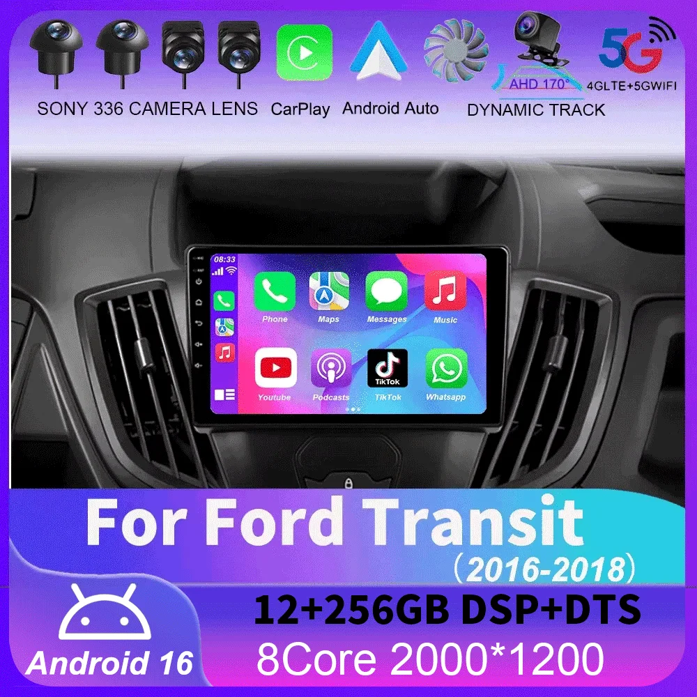 Android 16 Wireless CarPlay E Auto WIFI + 4G for Ford Transit 2015 2016 2017 2018 Autoradio Lettore Video Multimediale Stereo 2D