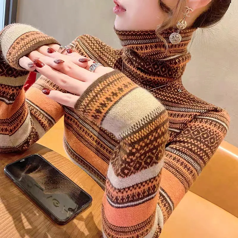 Women Clothes Turtleneck Slim Fashion Sweater Early Spring Long Sleeve Vintage Elasticity Long Sleeve Elegant All-match Pullover