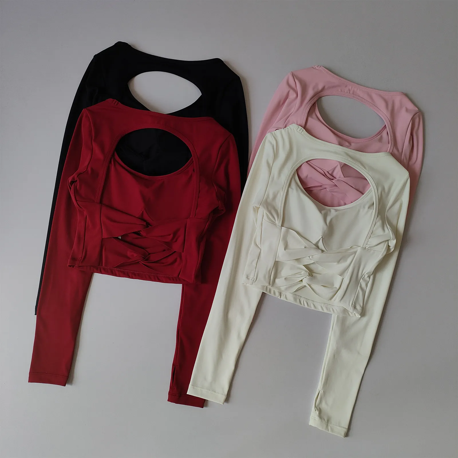 Sexy Yoga-Shirt für Damen, rückenfrei, langärmelig, mit gepolsterten Cups, Sport-Top, Fitness-T-Shirt, Pilates-Oberteil, Yoga-Bekleidung – Detail 8