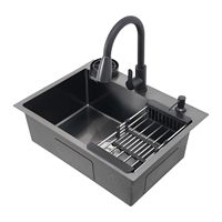 Kitchen Sink, 60 X 45 Cm, Stainless Steel Sink with Pull-Out Faucet, Soap Dispenser & Drain Basket, Single Bowl Built-In Sink