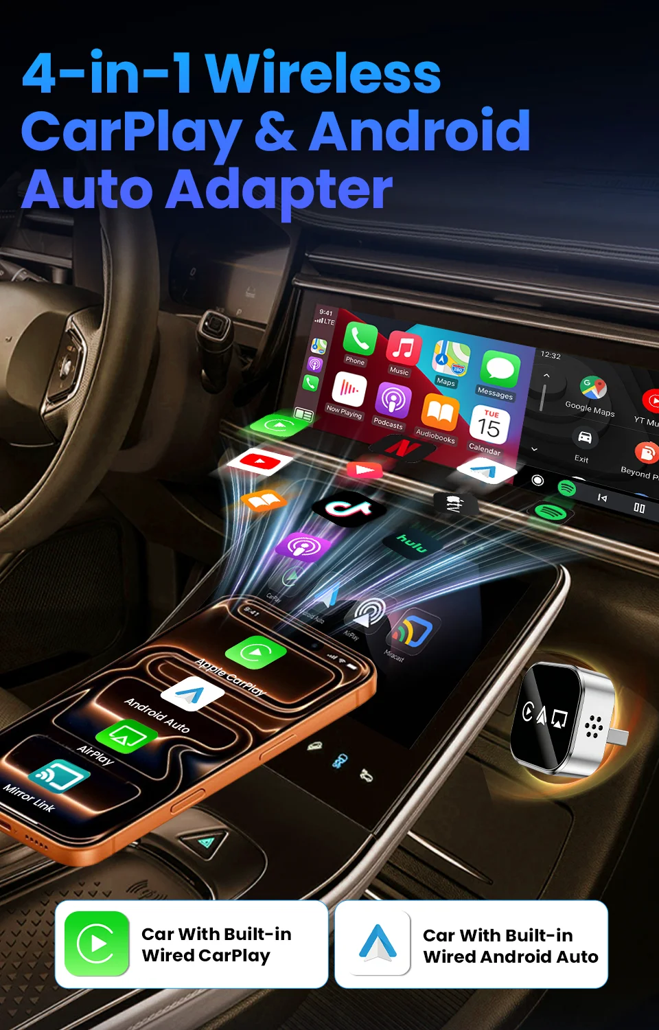 CarRocket Upgrade 4-in-1 Kabelgebundener zu kabelloser CarPlay Android Auto AirPlay Mirror Link Stabiler Bluetooth-Adapter für Audi Benz Toyota – Detail 3