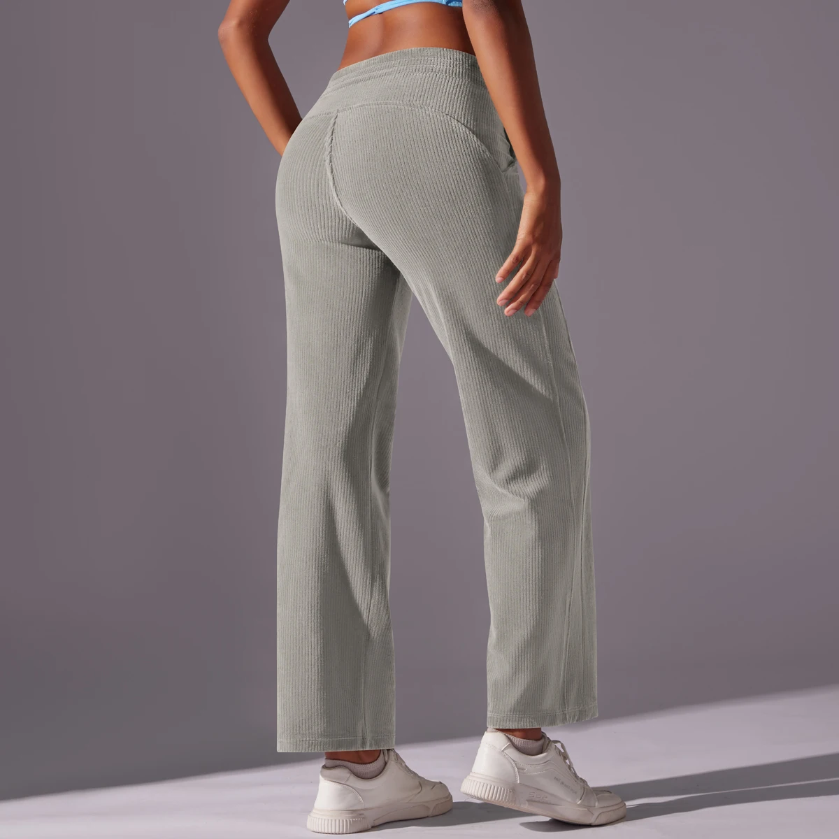 Trendy Loose Casual Corduroy Sports Pants with Side Pockets Fashion Stripes Running Fitness Yoga Pants Long Trousers for Women