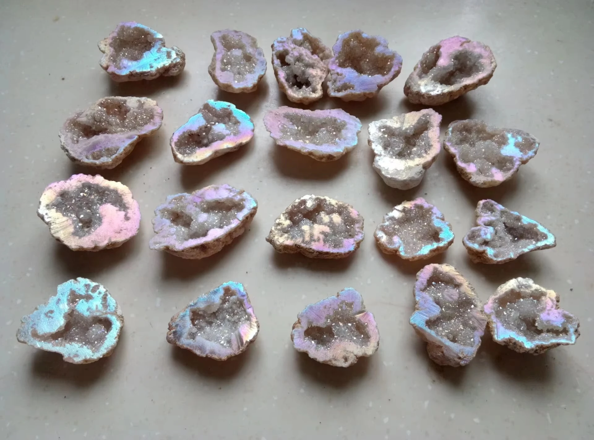 Natural Rainbow Angel Aura Coated Quartz Geode Quartz Crystal Cluster Specimen ..