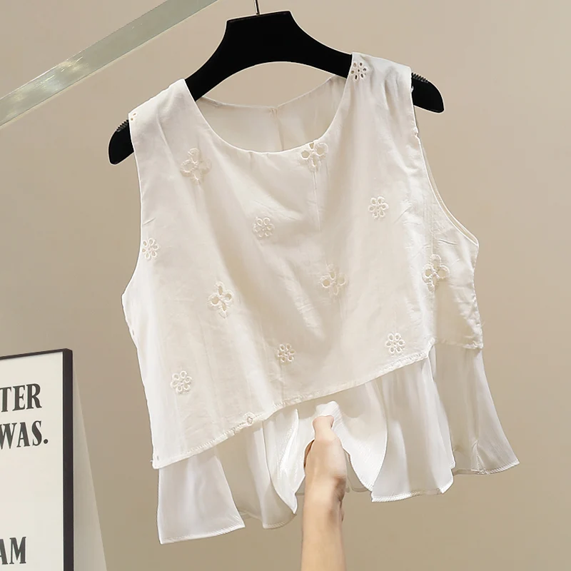 

Faionable Embroidered Heavy-Stitch round Ne Svel Women's irt Ele Sle Casual Comfortable Cotton Blend Top