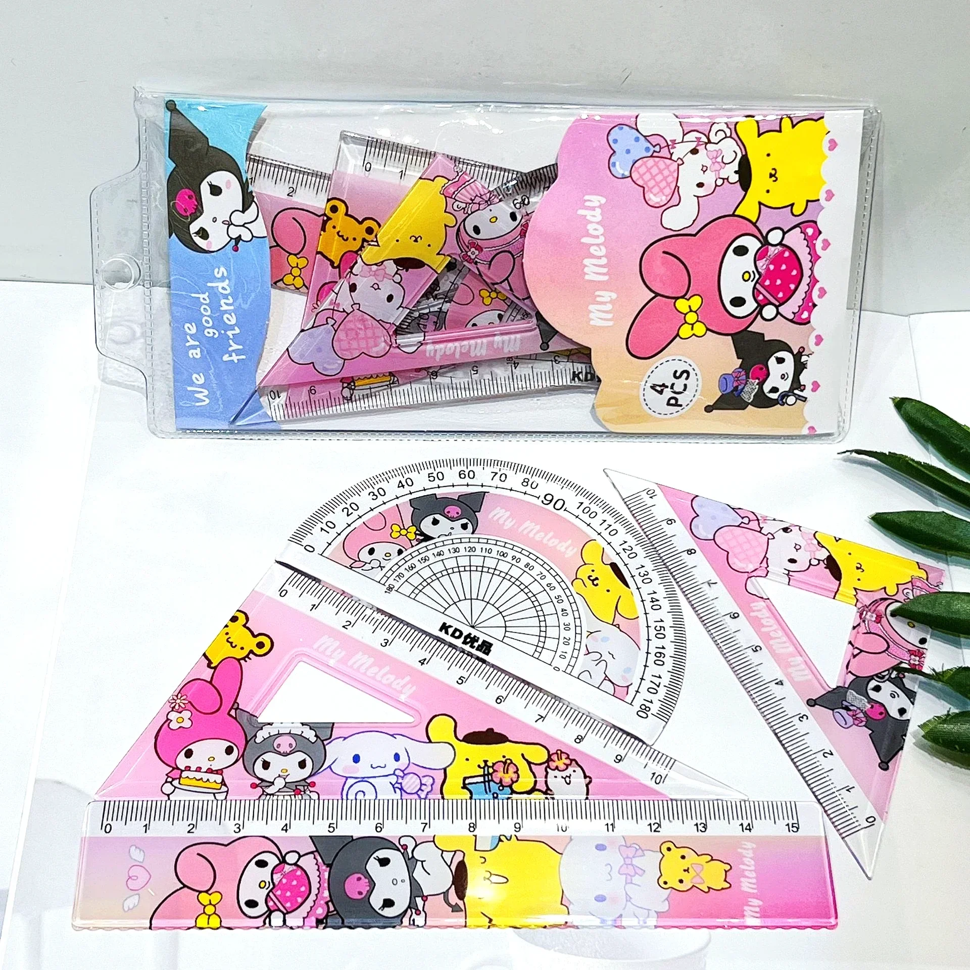 MINISO Sanrio 4 Piece Set Student Stationery Triangle Protractor Set Kawaii My Melody Hello Kitty Kuromi Measuring Ruler Set