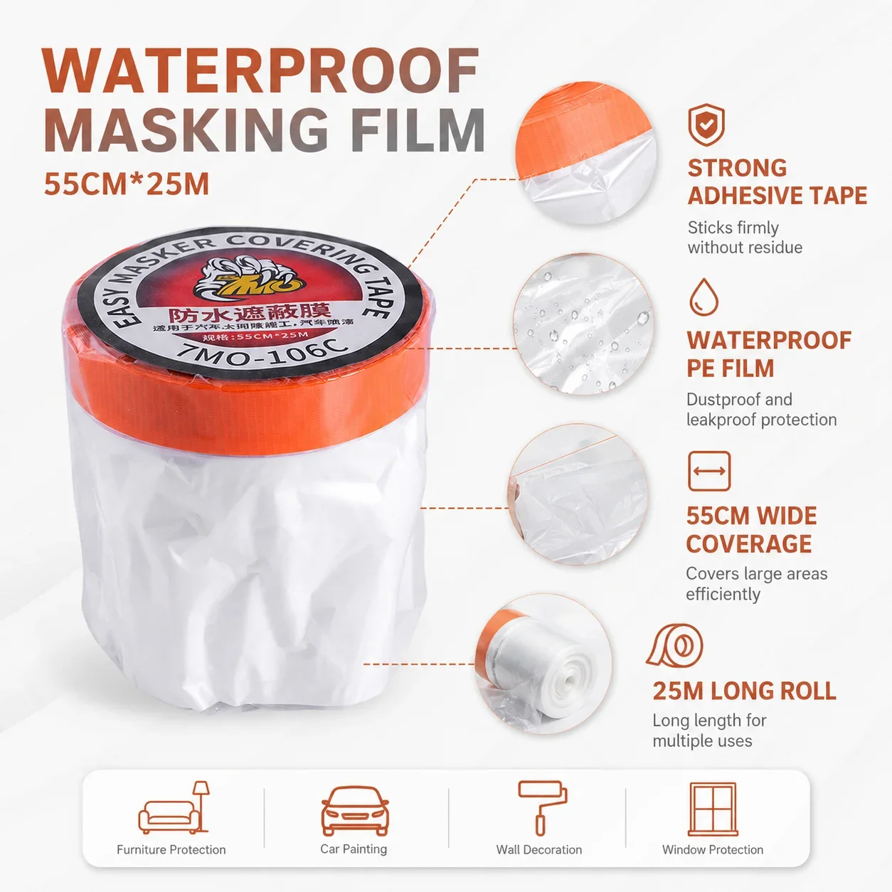 55cm x 25M Waterproof Pre-Taped Masking Film with Adhesive Tape for Car Painting Furniture and Wall Protection PE Covering Roll