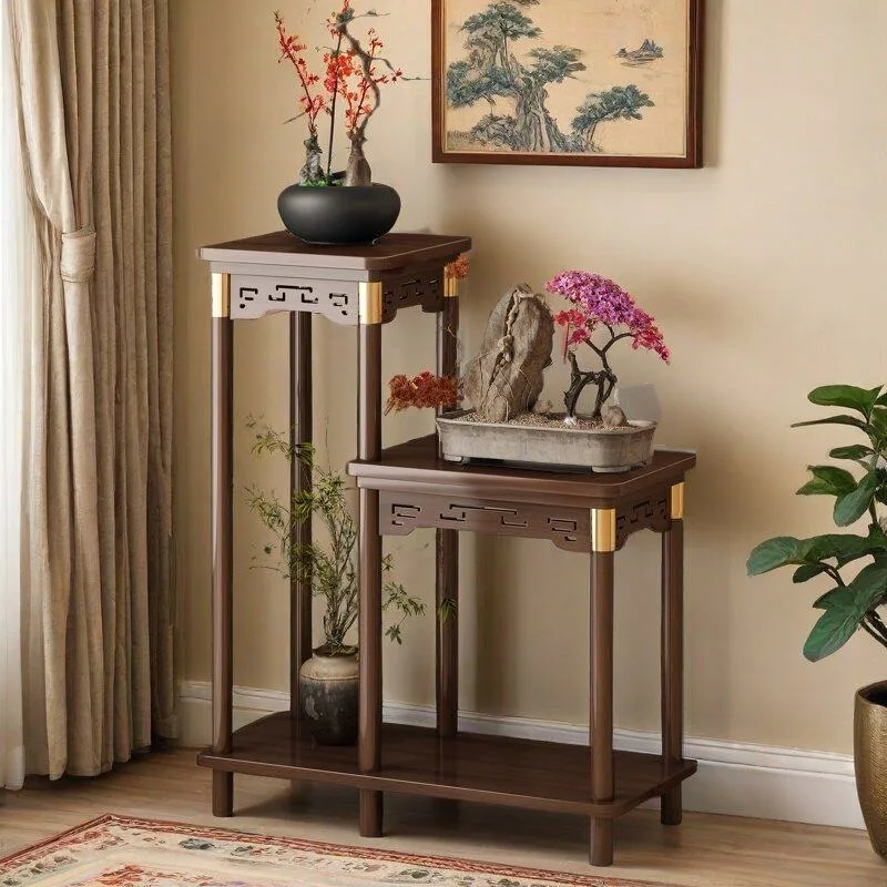 Chinese Style Floor Plant Stand - Multi-Tier Indoor Flower Pot Shelf, Solid Wood Display Rack for Living Room Garden Decor