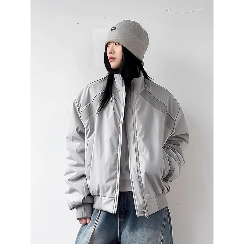 

YIBASHU Winter Women's Gray Jacket 2000s Stand Collar Outerwears Korean College Style Padded Jacket Y2k Japanese Designer Kpop