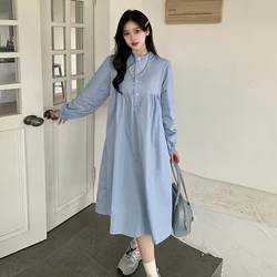 2024 Spring Pregnant Women Cotton Dress Denim Blue Stand Collar High Waist Maternity X-Large Dress Preppy Style Pregnancy Dress