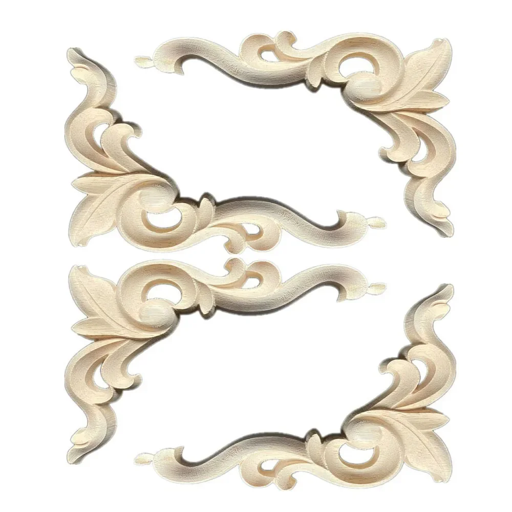 4PCS 15cm 16cm Vintage Wood Carved Decal Corner Onlay Applique Frame Furniture Wall Unpainted for Home Cabinet Door Decor Craft