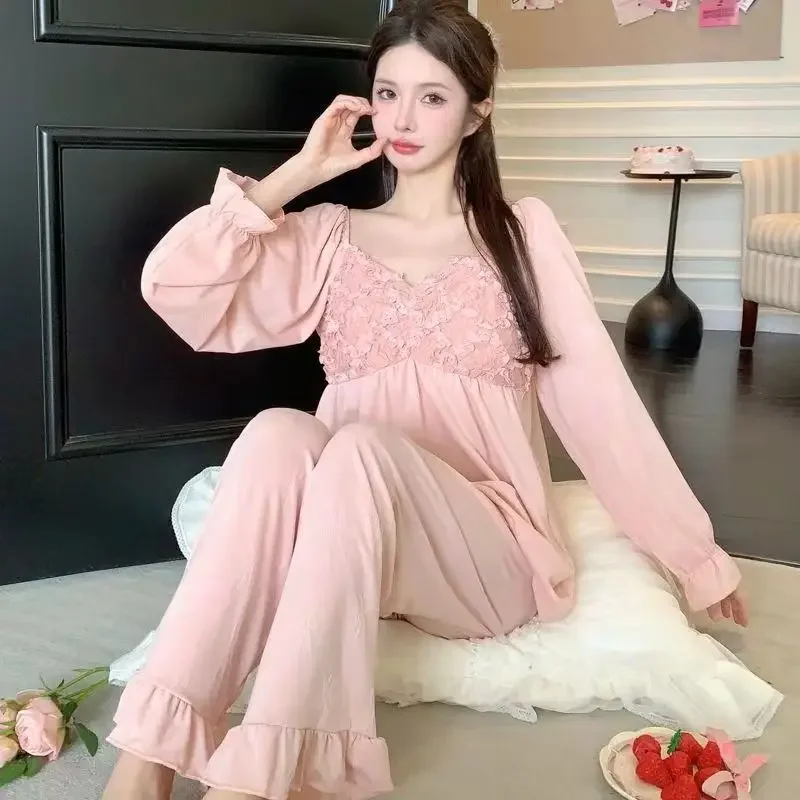 Korean version Pajamas female Spring and Autumn Long sleeve Lace thin Ms. sweet Can be worn outside A loungewear set