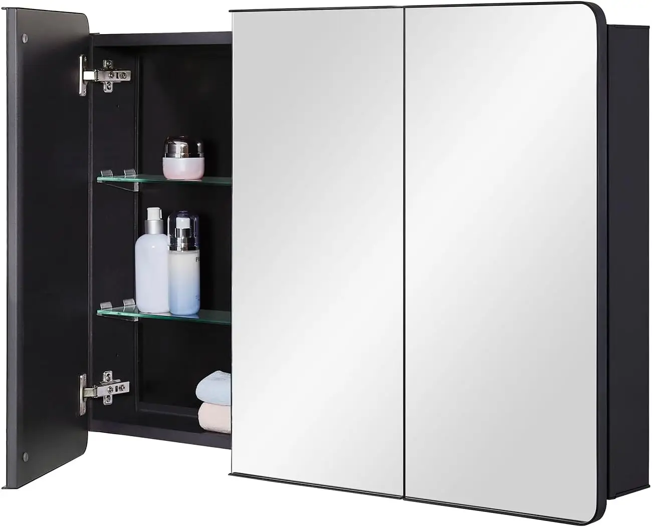 Bathroom Mirror Medicine Cabinet Round Corner Framed Door 36 x 26 inch Black Recessed or Surface Mount Adjustable Glass Shelves