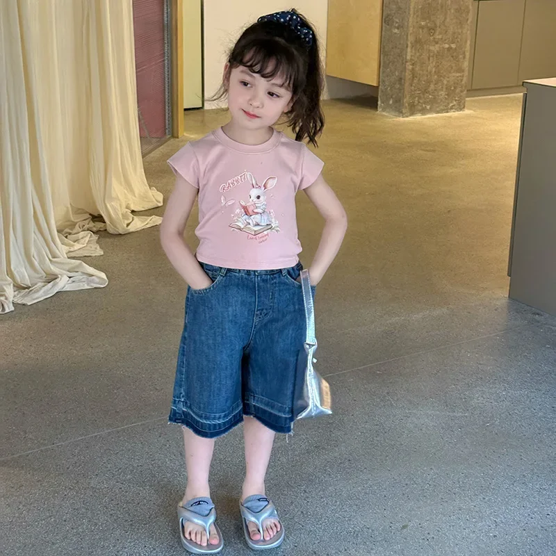 

2025 New Summer Girls' Trendy Animal Cartoon Printed Strap Short T-shirt