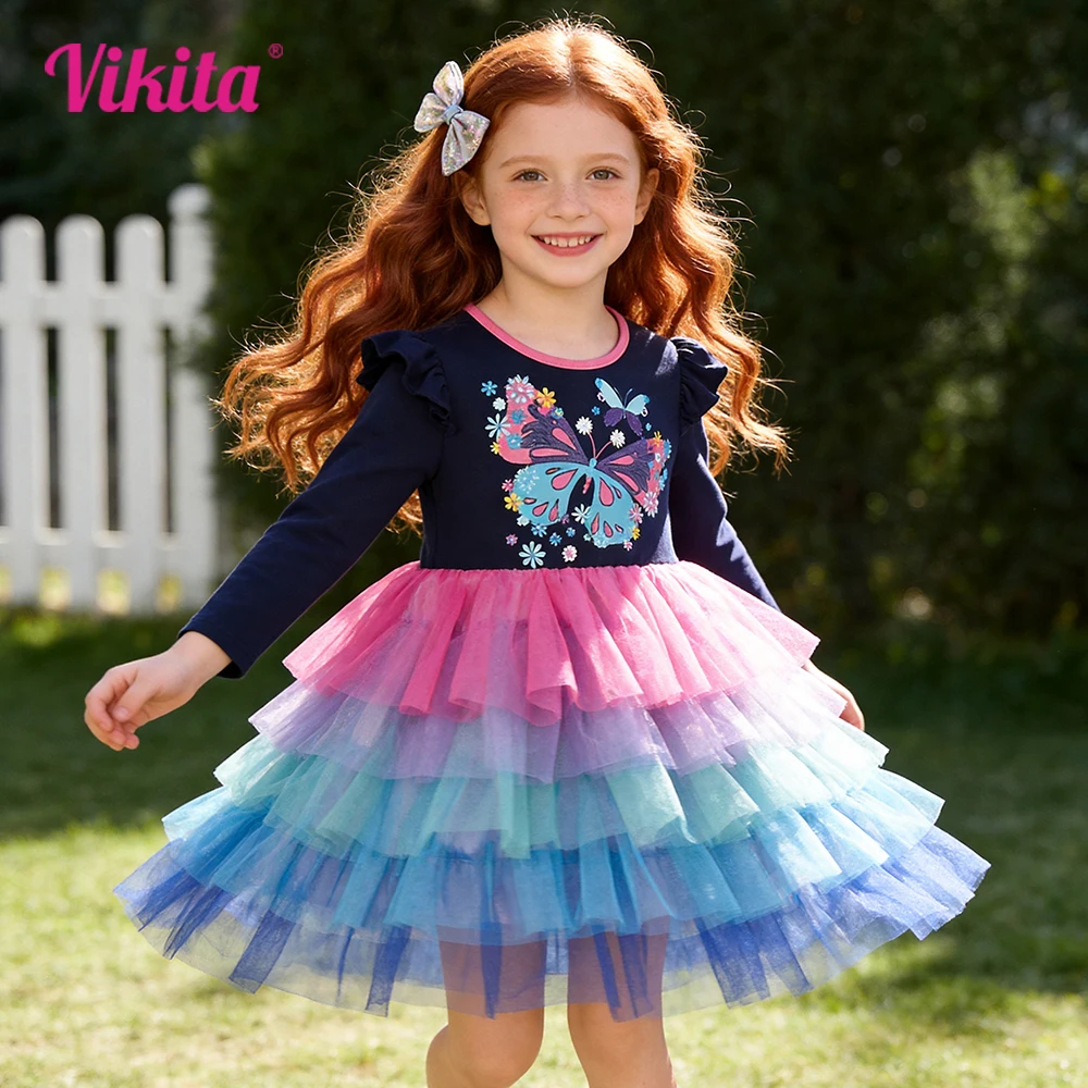 Children Dress Kids Autumn Spring Flare Sleeve Dress Girls Butterfly Floral Navy Blue Dresses Girls Princess Tiered Tutu Dresses