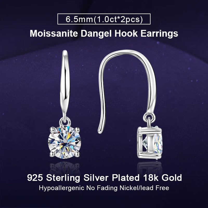 

IOGOU Single Diamond 6.5MM 1CT Moissanite Dangel Hook Earrings 925 Sterling Silver Classic Wedding Engagement Jewelry for Women