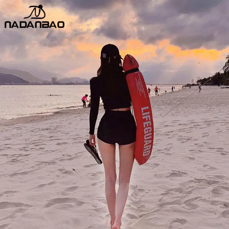 Nadanbao Black Slim Two-Piece Surfing Beachwear Women Sexy Zippper Bodysuit Swimsuit Female Long Sleeve Swimsuits Summer