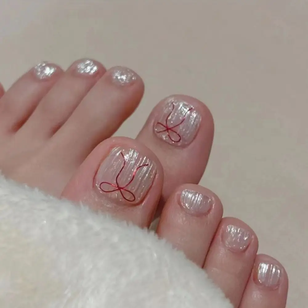 24pcs Fake Toenails French Full Cover Cute Butterfly Cat Eye Short Square Toe Nails Foot Nails Tips for Women Girl