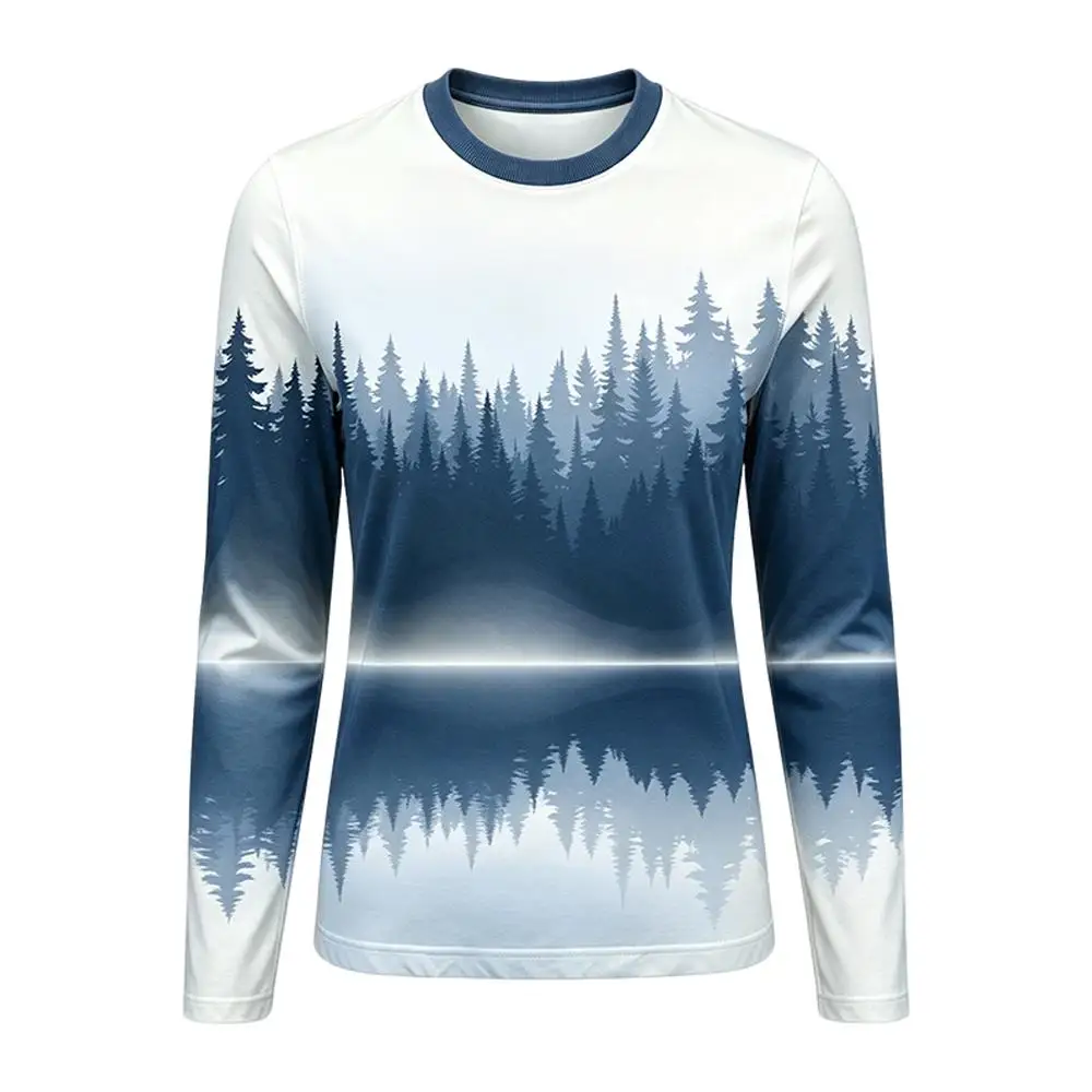 2026 New Casual Long Sleeve T-shirts Misty Forest Lake Reflection Print Crew Neck Tee Men's Outdoor Hiking Camping Autumn Tops
