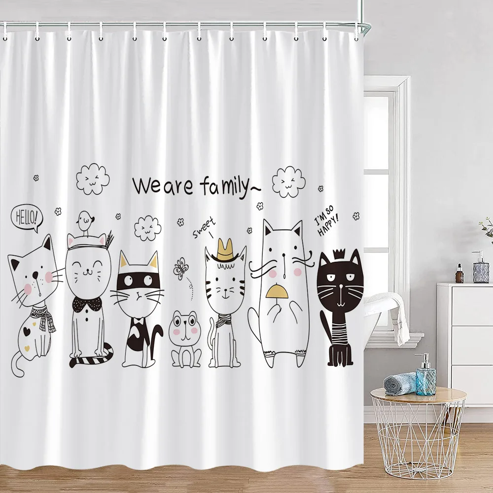 Cartoon Animals Kid Shower Curtains Hand-painted Simple Line Cute Cats Bathroom Decorations Kids Children Bath Curtains for Home