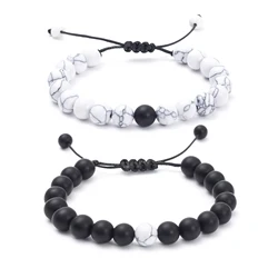 FTCY 2pcs/Set Couples Natural Stone Bracelets Black Pink Matching Lava Tiger Eye Beaded Yoga for Men Women Elastic Rope Jewelry