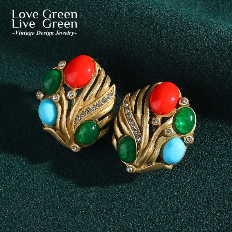 

Vintage Tri Color Red Blue Green Studs Earrings For Woman Plant Natural Stone Floral 2025 Trend Luxury Designer Accessories