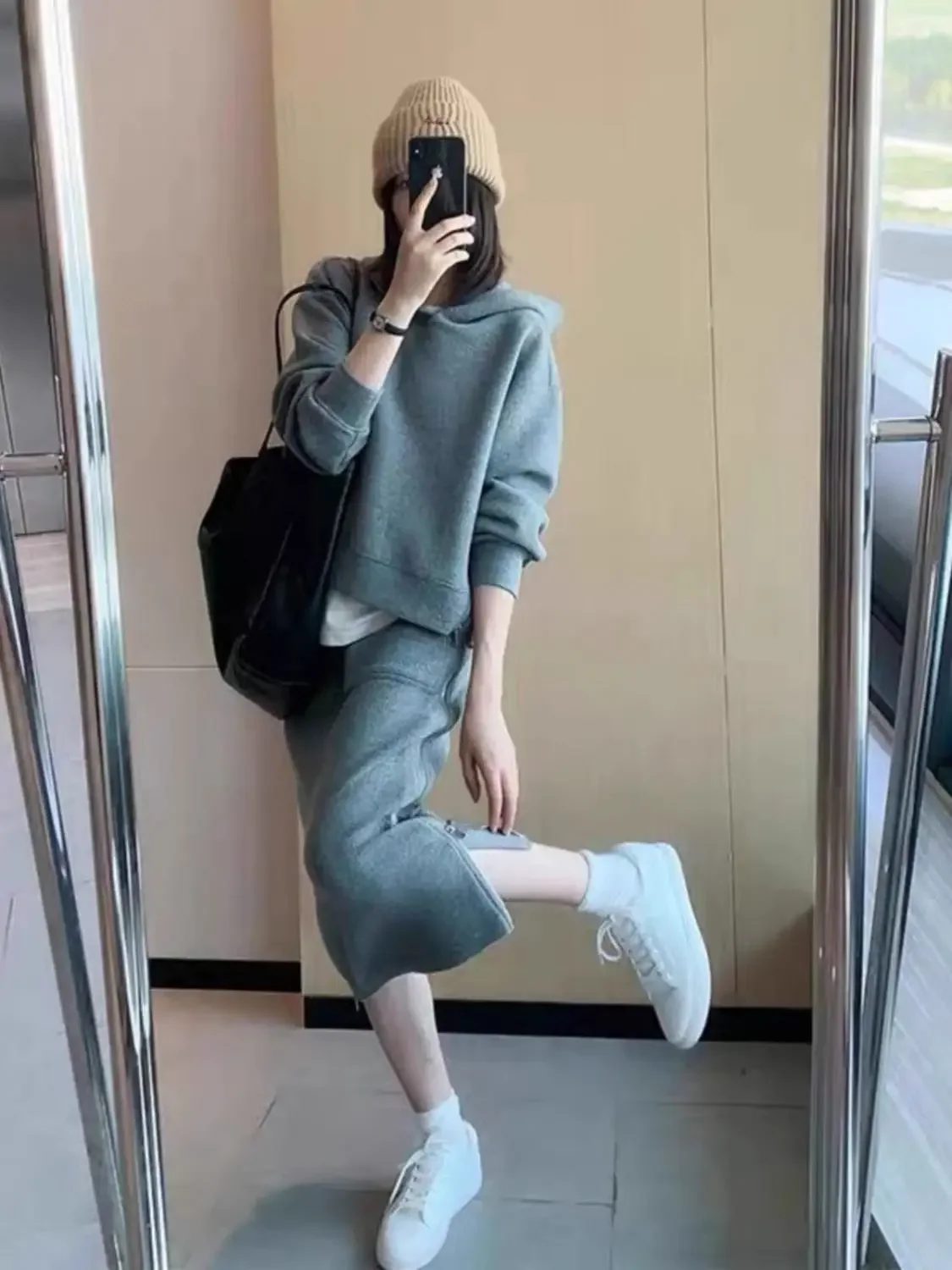 High Waist Slimming Half Skirt Two-piece Set for Women New Fashionable Korean Style Design Hooded Top with